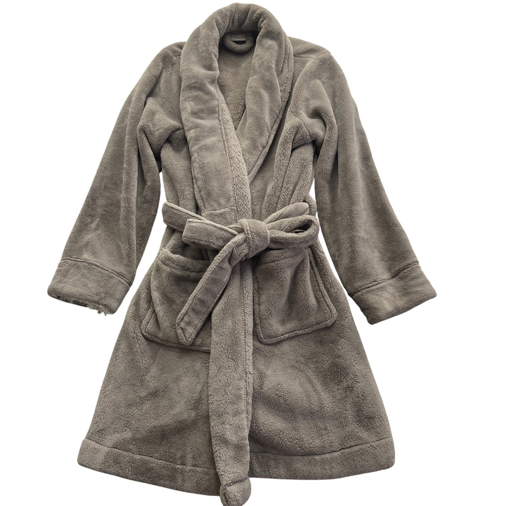 LL Bean Wicked Plush Robe Womens M? Taupe Mid Length Fleece Sherpa Shawl Collar